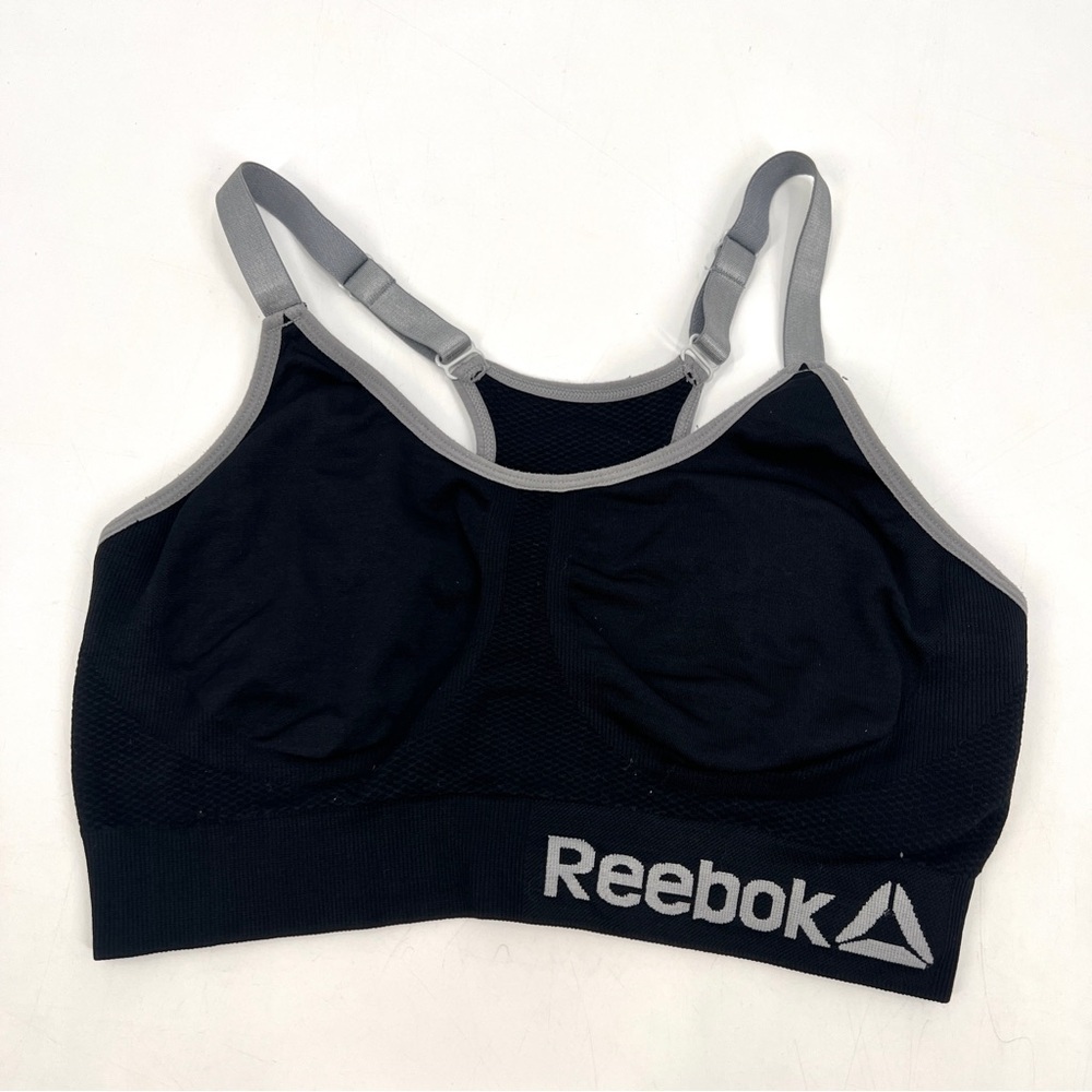 REEBOK Woman's Black and Silver Athletic Racerback Sports Bra Size L